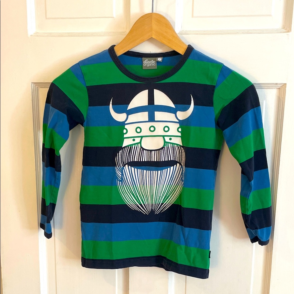 Kids Danefea Viking Striped Shirt - Blue and Green with Viking image , Size 6